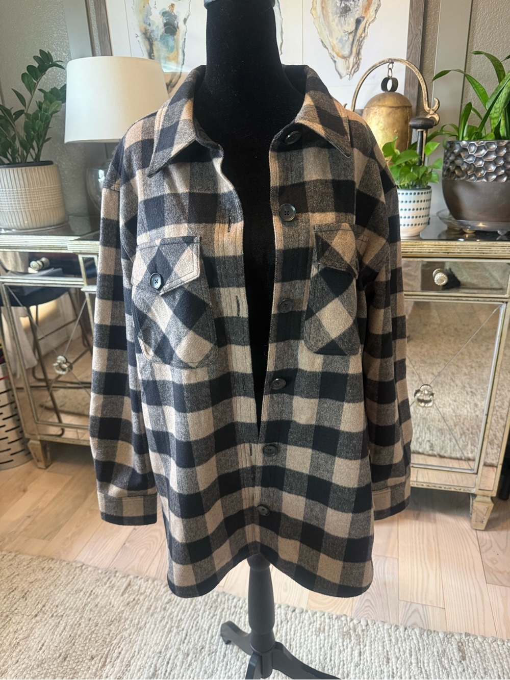 Good American Plaid Button-Up Shacket Jacket - Black & Tan